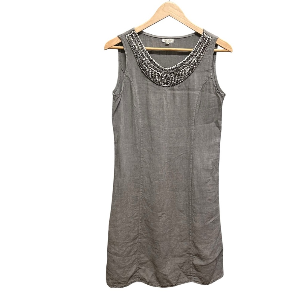 Lina Tomei Italy Taupe Neckline Beaded Detailing Linen Shift Dress Size S